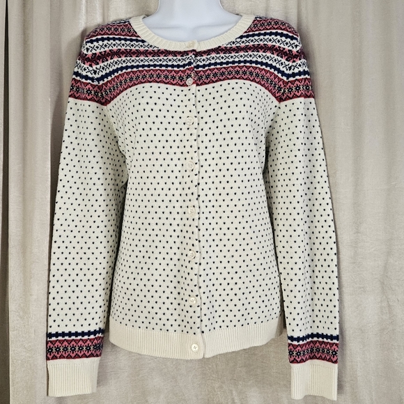 NWOT Talbots white & pink Lambswool blend Fair Isle cardigan sweater Women Large - Picture 7 of 7